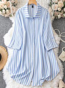 SHEIN Franclia Plus Striped Print Roll Tab Sleeve Shirt Dress - Baby Blue - View 1