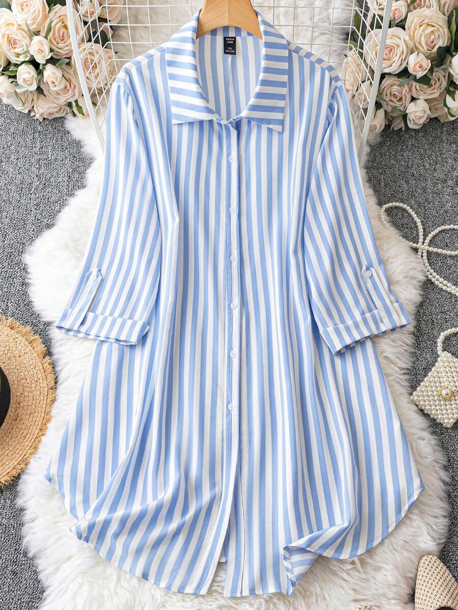 SHEIN Franclia Plus Striped Print Roll Tab Sleeve Shirt Dress - Baby Blue - View 1