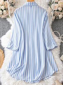 SHEIN Franclia Plus Striped Print Roll Tab Sleeve Shirt Dress - Baby Blue - View 2