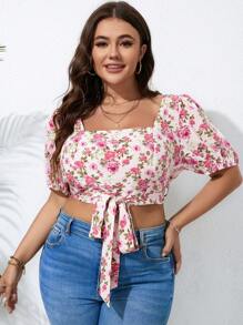 SHEIN Holidaya 大碼印花前打結短款襯衫 - 彩色 - 查看 5