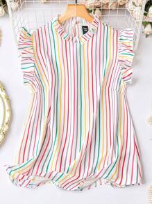 SHEIN LUNE Áo sơ mi Plus Size viền lá sen Xù Sọc Giải trí - Nhiều màu - Xem 1