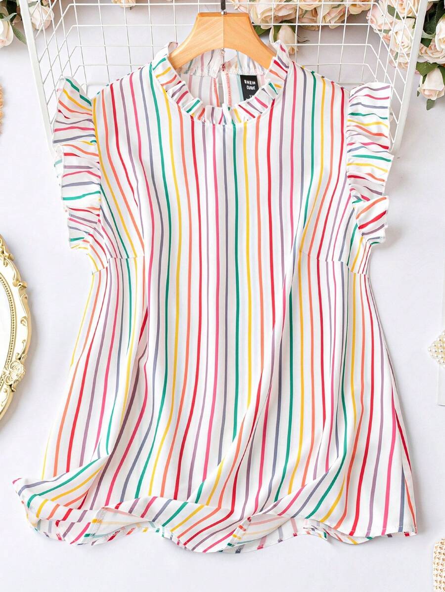 SHEIN LUNE Áo sơ mi Plus Size viền lá sen Xù Sọc Giải trí - Nhiều màu - Xem 1