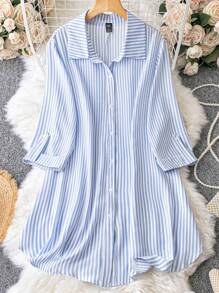 SHEIN LUNE Đầm Plus Size Nút Nút phía trước Sọc Giải trí - Xanh và trắng - Xem 1