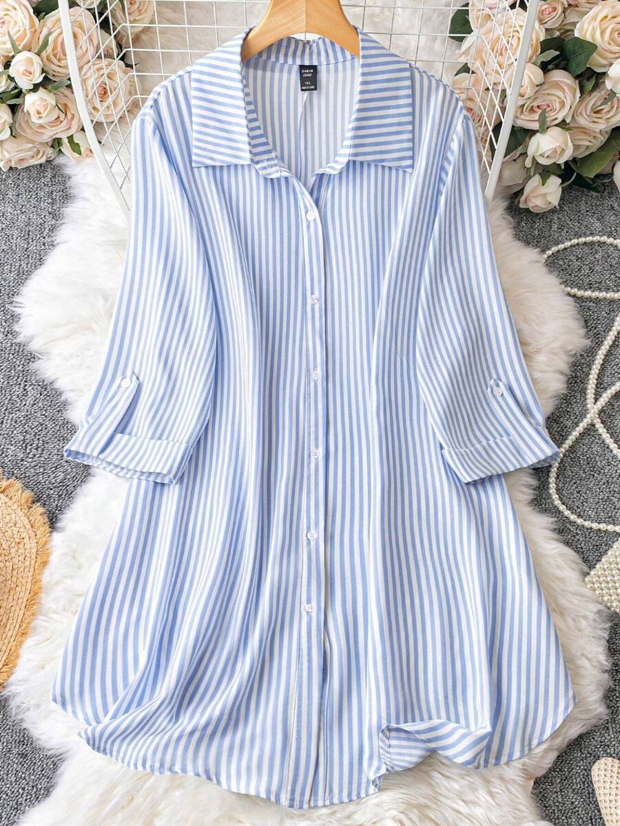 SHEIN LUNE Đầm Plus Size Nút Nút phía trước Sọc Giải trí - Xanh và trắng - Xem 1