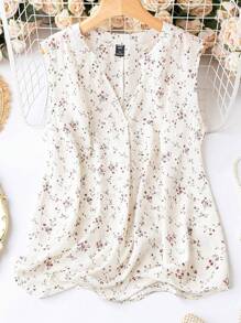 SHEIN LUNE 大碼碎花無袖襯衫 - 米色 - 查看 1