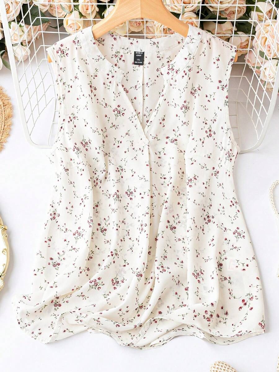 SHEIN LUNE 大碼碎花無袖襯衫 - 米色 - 查看 1