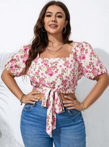 SHEIN Holidaya 大碼印花前打結短款襯衫 - 彩色 - 查看 6