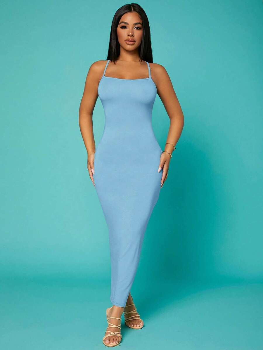 SHEIN SXY 素色交叉露背緊身連衣裙