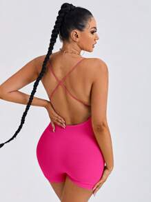 SHEIN SXY Mono unitard de tirantes unicolor con tira cruzada de espalda abierta - Rosa Fucsia - Ver 2