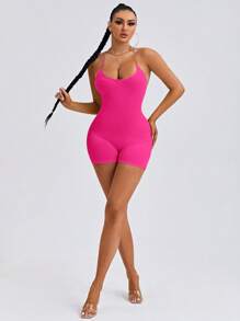 SHEIN SXY Mono unitard de tirantes unicolor con tira cruzada de espalda abierta - Rosa Fucsia - Ver 4