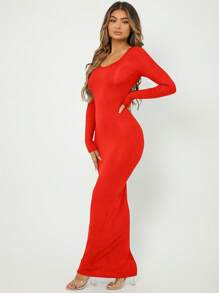 SHEIN SXY Đầm màu trơn Thanh lịch - Đỏ - Xem 3