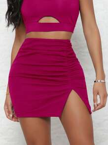 SHEIN SXY 1 Miếng Xù Viền chia cắt Váy bodycon - Màu Hồng Tươi - Xem 2
