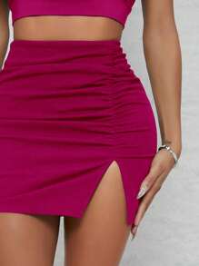 SHEIN SXY 1 Miếng Xù Viền chia cắt Váy bodycon - Màu Hồng Tươi - Xem 4