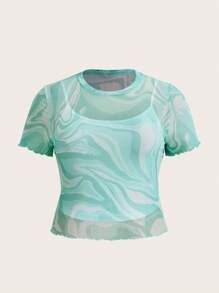 SHEIN EZwear 大碼大理石圖案木耳邊網紗上衣不附吊帶上衣 - 薄荷綠 - 查看 1