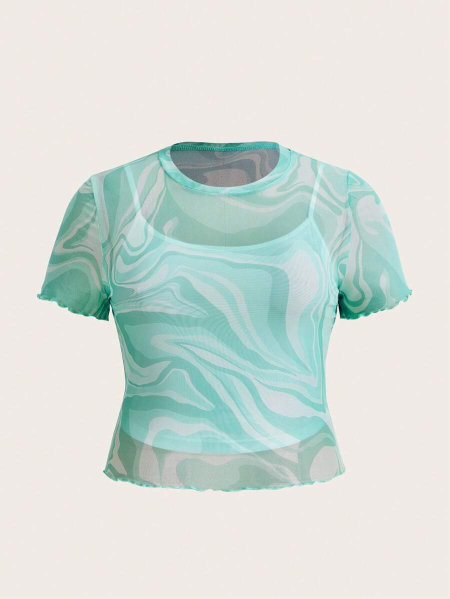 SHEIN EZwear 大碼大理石圖案木耳邊網紗上衣不附吊帶上衣 - 薄荷綠 - 查看 1