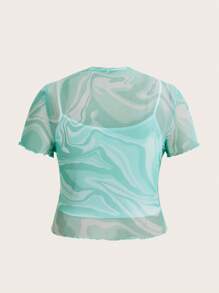 SHEIN EZwear 大碼大理石圖案木耳邊網紗上衣不附吊帶上衣 - 薄荷綠 - 查看 2