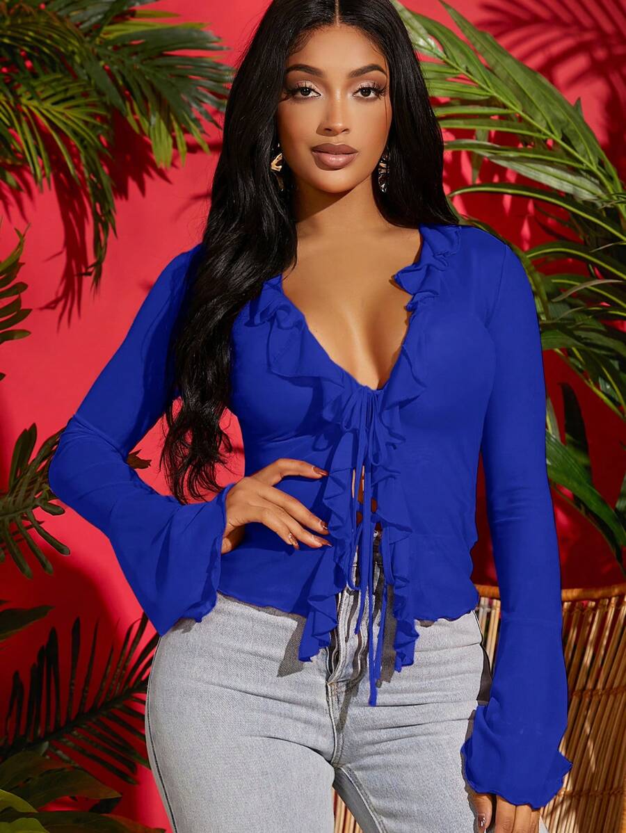 SHEIN SXY Tie Front Trumpet Sleeve Ruffle Trim Mesh Top - Royal Blue - View 1