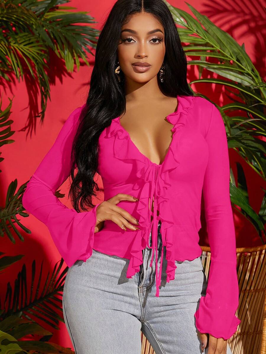 SHEIN SXY Viền Ruffle Tie Trước Tay áo kèn Lưới Áo - Màu Hồng Tươi - Xem 1