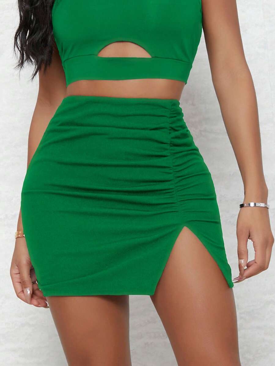 SHEIN SXY 1pc Ruched Split Hem Skirt - Green - View 1