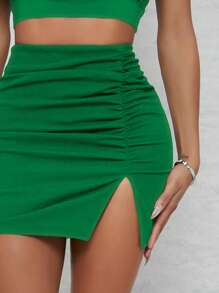 SHEIN SXY 1pc Ruched Split Hem Skirt - Green - View 4