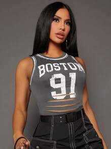 SHEIN SXY Letter Graphic Ripped Crop Tank Top - Dark Grey - View 1