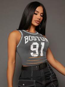 SHEIN SXY Letter Graphic Ripped Crop Tank Top - Dark Grey - View 5
