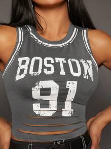 SHEIN SXY Letter Graphic Ripped Crop Tank Top - Dark Grey - View 7