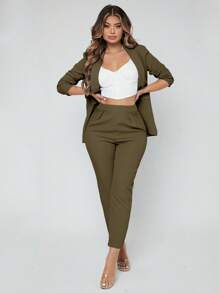 SHEIN SXY Pantalones con blazer de cuello esmoquin con parte delantera abierta sin top de tirantes - Verde militar - Ver 5