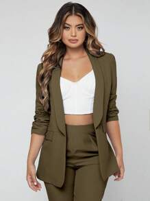 SHEIN SXY Pantalones con blazer de cuello esmoquin con parte delantera abierta sin top de tirantes - Verde militar - Ver 6