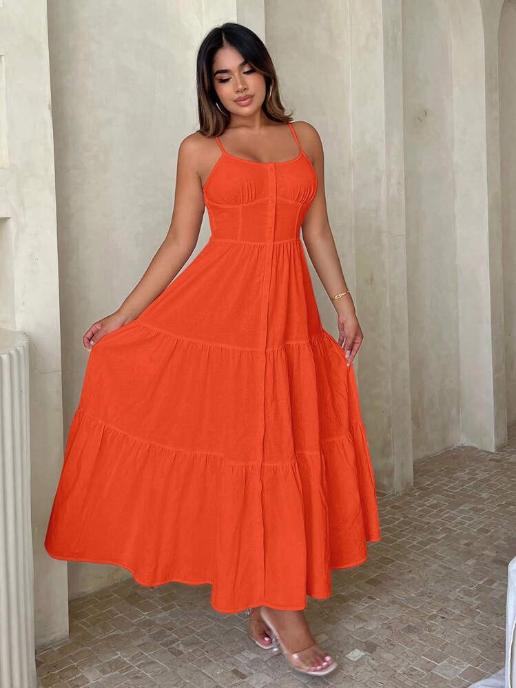 SHEIN SXY Solid Ruffle Hem Cami Dress - Orange - View 3