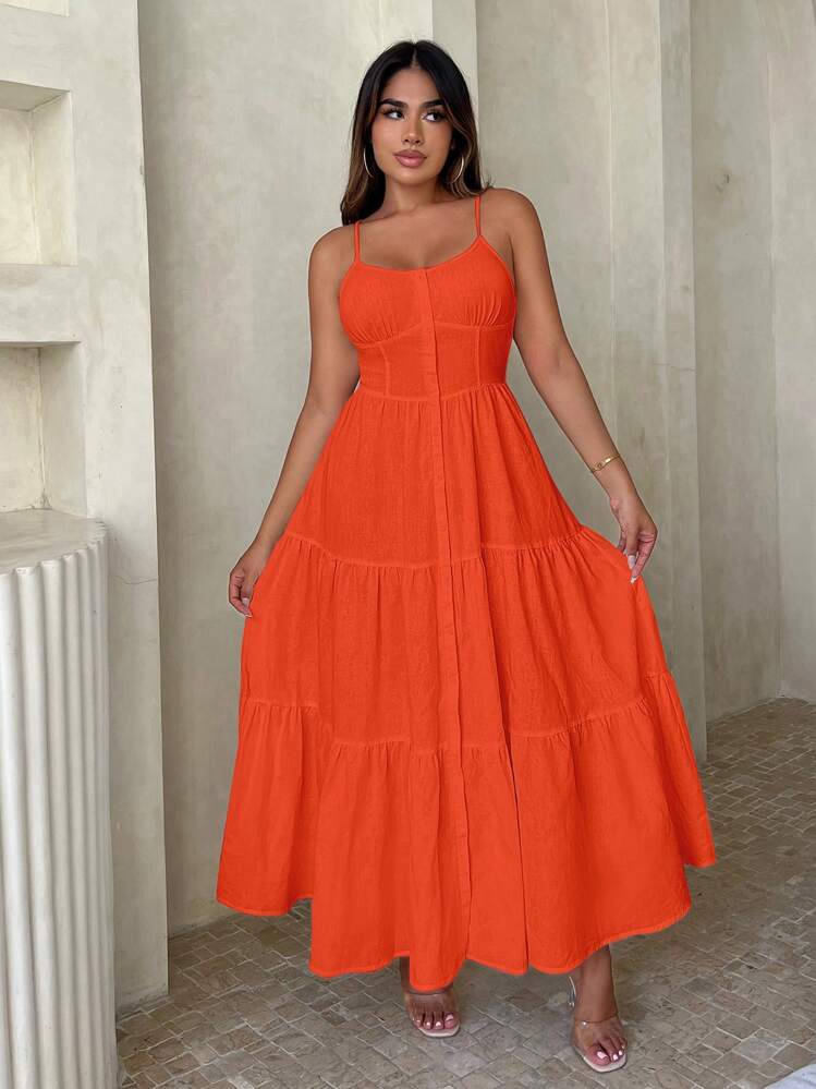 SHEIN SXY Solid Ruffle Hem Cami Dress - Orange - View 5