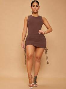 SHEIN SXY Đầm Lộ Lưng Dây kéo Xù màu trơn Gợi cảm - Màu nâu Sô-cô-la - Xem 1