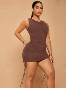SHEIN SXY Đầm Lộ Lưng Dây kéo Xù màu trơn Gợi cảm - Màu nâu Sô-cô-la - Xem 5