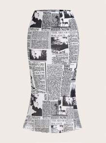 SHEIN EZwear 報紙印花魚尾短裙 - 黑與白 - 查看 1