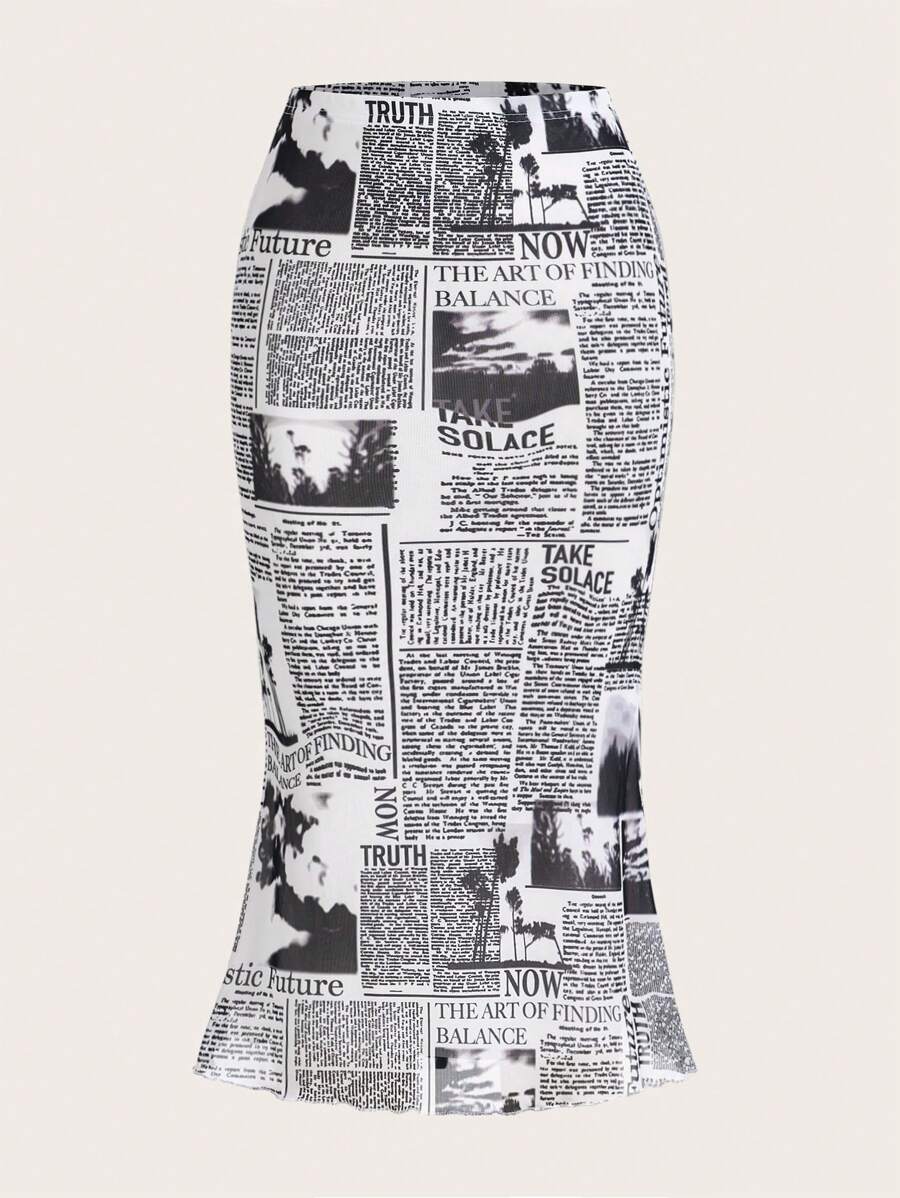 SHEIN EZwear 報紙印花魚尾短裙 - 黑與白 - 查看 1