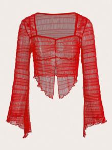 SHEIN ICON 木耳邊前收褶喇叭袖網紗上衣