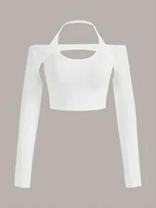 SHEIN ICON 素色鏤空短款T恤 - 白色 - 查看 1