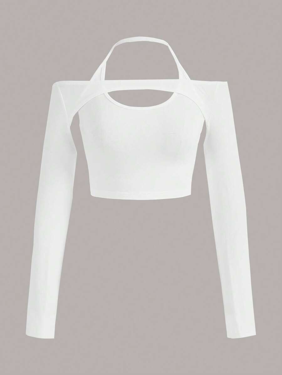SHEIN ICON 素色鏤空短款T恤 - 白色 - 查看 1