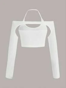 SHEIN ICON 素色鏤空短款T恤 - 白色 - 查看 2