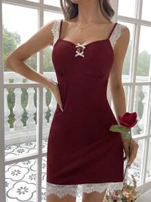 SHEIN 蕾絲拼接前蝴蝶結睡裙 - 酒紅色 - 查看 3