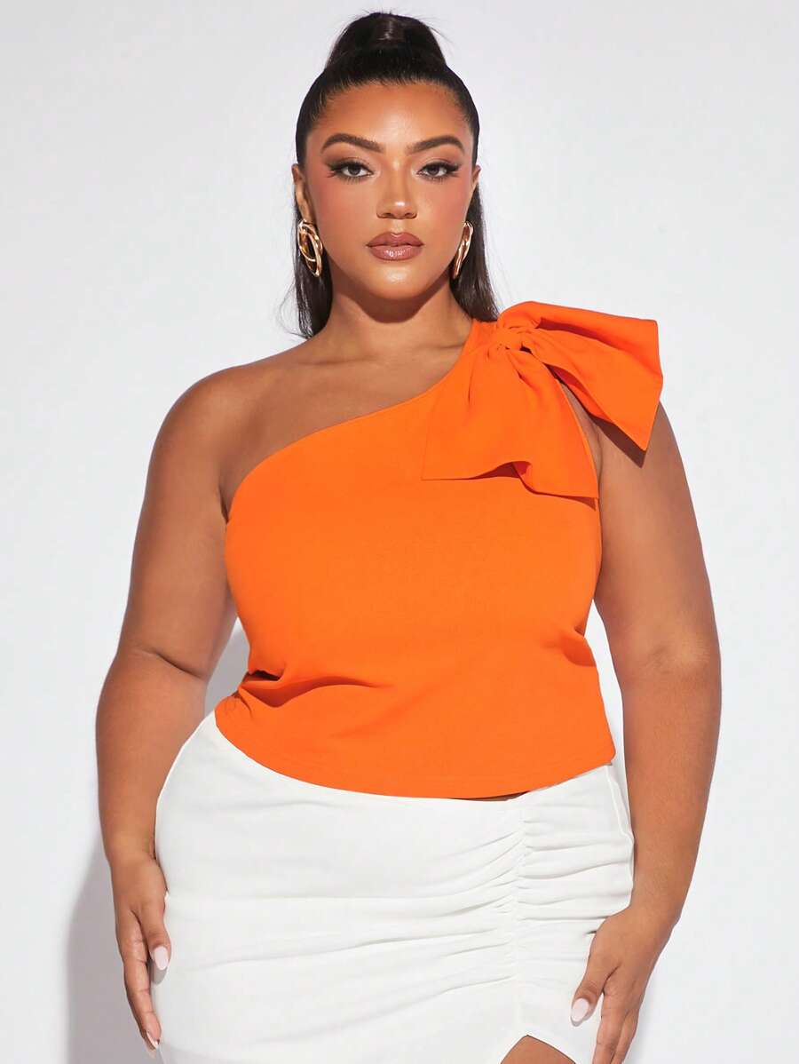 SHEIN SXY áo nữ kích thước lớn Nơ Bướm màu trơn Giải trí - trái cam - Xem 1