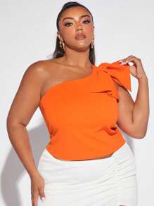 SHEIN SXY áo nữ kích thước lớn Nơ Bướm màu trơn Giải trí - trái cam - Xem 3
