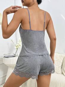 Contrast Lace Cami Top & Knot Front Shorts PJ Set / Pajama Set - Grey - View 2