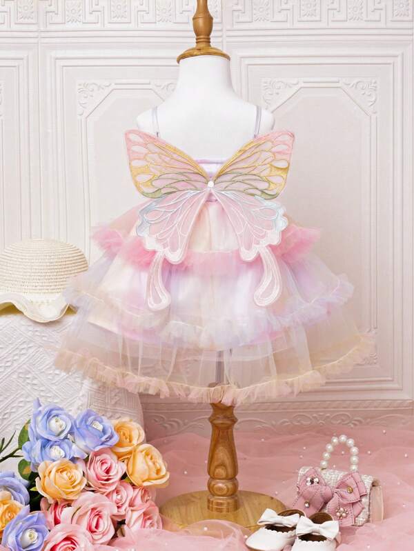 SHEIN Glamorique Kids Baby Girl Ombre Ruffle Trim Mesh Overlay Cami Dress