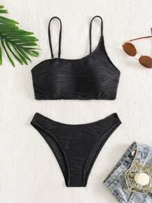 màu trơn Cổ không đối xứng Bộ đồ bơi Bikini - màu đen - Xem 4