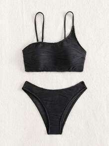 màu trơn Cổ không đối xứng Bộ đồ bơi Bikini - màu đen - Xem 8