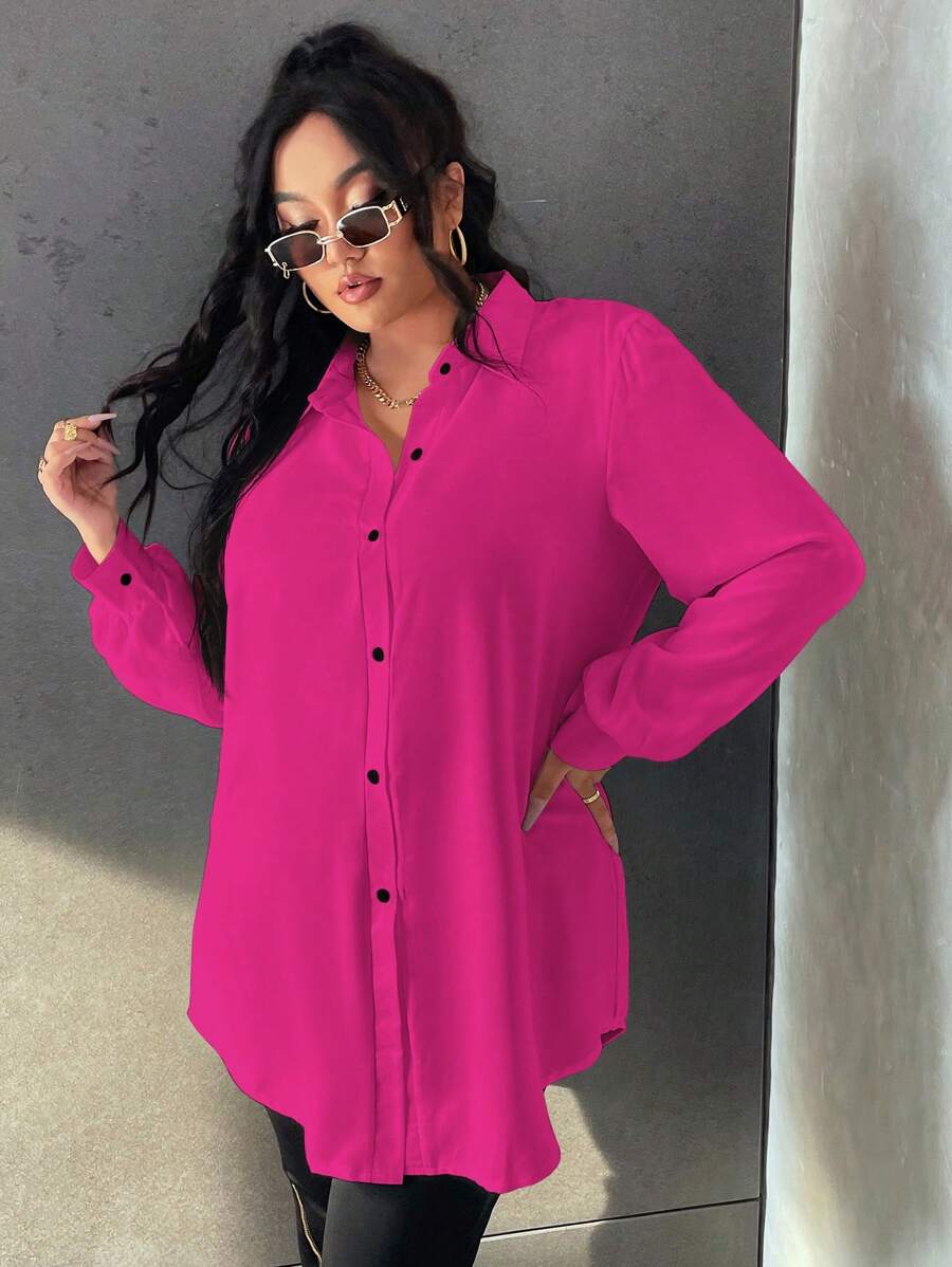 SHEIN LUNE 大碼燈籠袖不附腰帶襯衫 - 玫紅色 - 查看 1