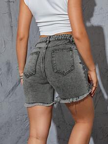 Quần short denim nữ Dây kéo Hem thô Bị tách màu trơn - Màu Xám nhạt - Xem 2