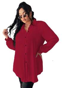 Calvaya 加大主教袖女式衬衫（无腰带） - 酒紅色 - 查看 3