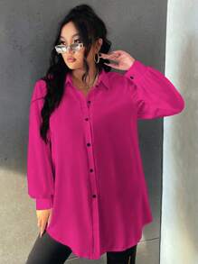 SHEIN LUNE 大碼燈籠袖不附腰帶襯衫 - 玫紅色 - 查看 3
